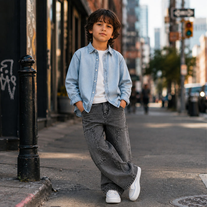 Kids Boys Combo | Blue Comfort Denim Shirt & Grey Relaxed Fit Denim Jeans | Shop the Look