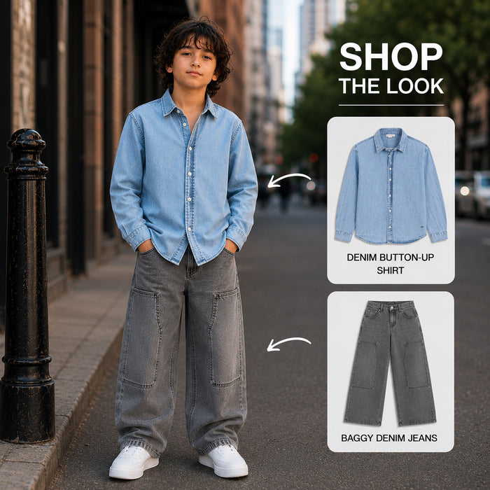 Kids Boys Combo | Blue Comfort Denim Shirt & Grey Relaxed Fit Denim Jeans | Shop the Look