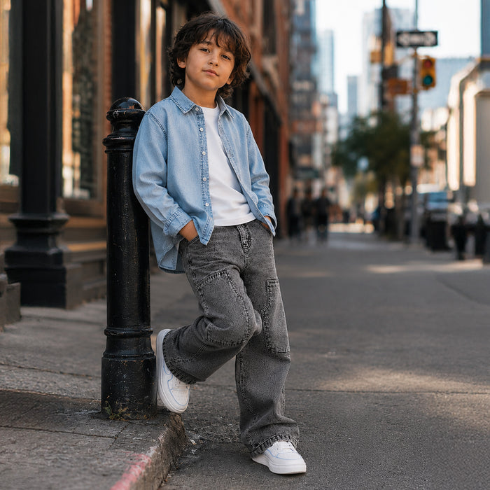Kids Boys Combo | Blue Comfort Denim Shirt & Grey Relaxed Fit Denim Jeans | Shop the Look