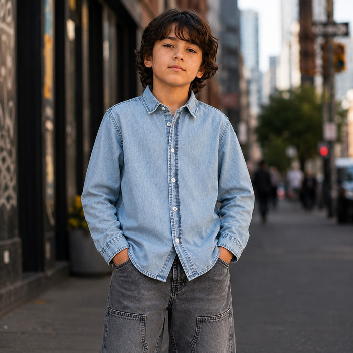 Kids Boys Combo | Blue Comfort Denim Shirt & Grey Relaxed Fit Denim Jeans | Shop the Look