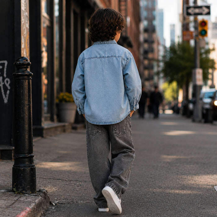 Kids Boys Combo | Blue Comfort Denim Shirt & Grey Relaxed Fit Denim Jeans | Shop the Look