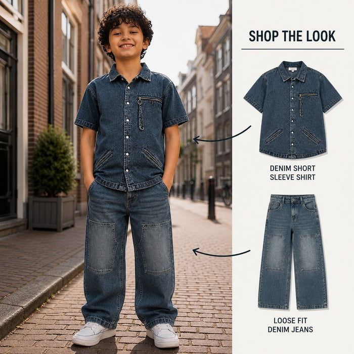 Kids Boys Combo | Blue Denim Casual Shirt & Blue Relaxed Fit Denim Jeans | Shop the Look