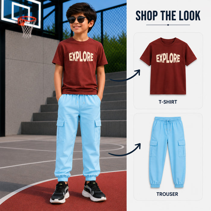Kids Boys Combo | Brown Graphic Tshirt, Casual Cargo Trousers