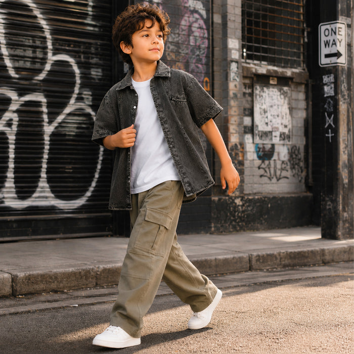 Kids Boys Combo | Grey Comfort Denim Shirt & Olive Casual Cargo Trousers | Shop The Look
