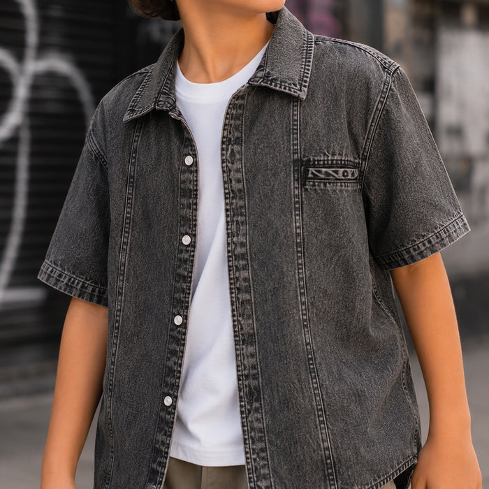 Kids Boys Combo | Grey Comfort Denim Shirt & Olive Casual Cargo Trousers | Shop The Look