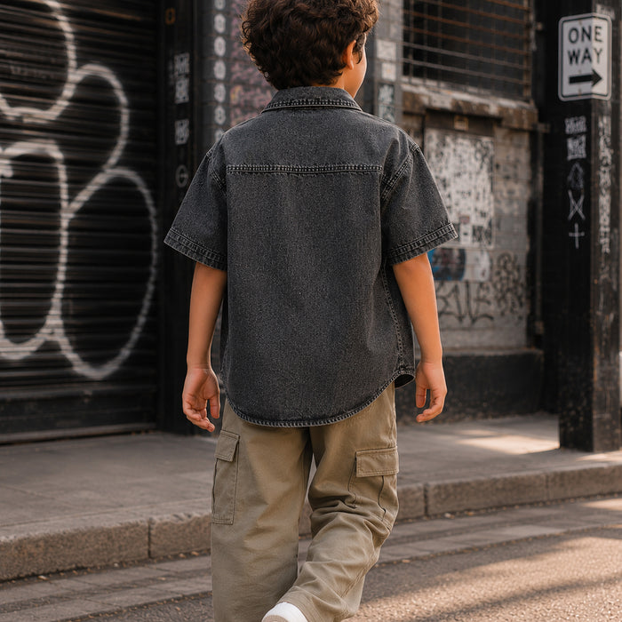 Kids Boys Combo | Grey Comfort Denim Shirt & Olive Casual Cargo Trousers | Shop The Look