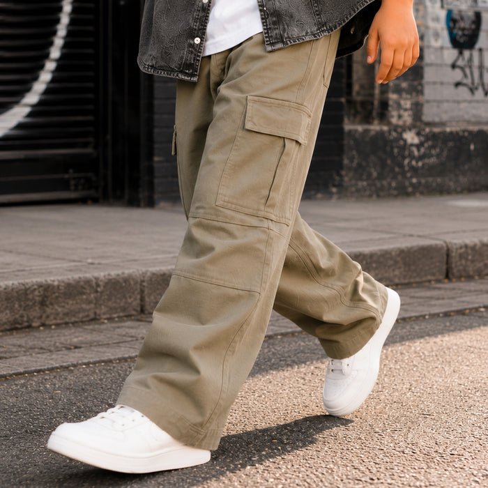 Kids Boys Combo | Grey Comfort Denim Shirt & Olive Casual Cargo Trousers | Shop The Look