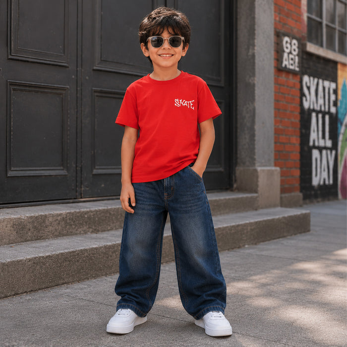 Kids Boys Combo | Red Comfort Fabric Tshirt & Dark Blue Denim Jeans | Shop the Look