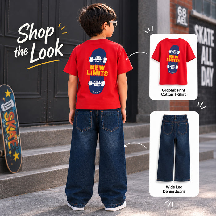 Kids Boys Combo | Red Comfort Fabric Tshirt & Dark Blue Denim Jeans | Shop the Look