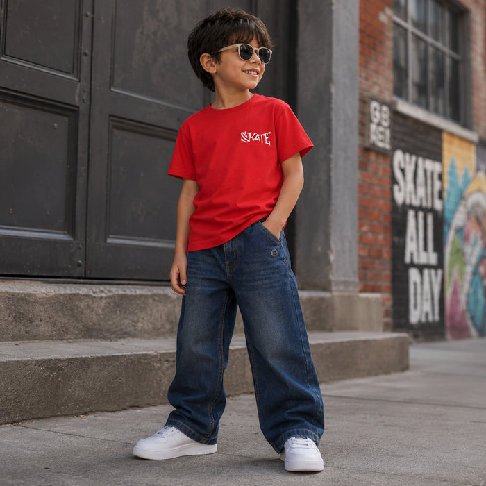 Kids Boys Combo | Red Comfort Fabric Tshirt & Dark Blue Denim Jeans | Shop the Look