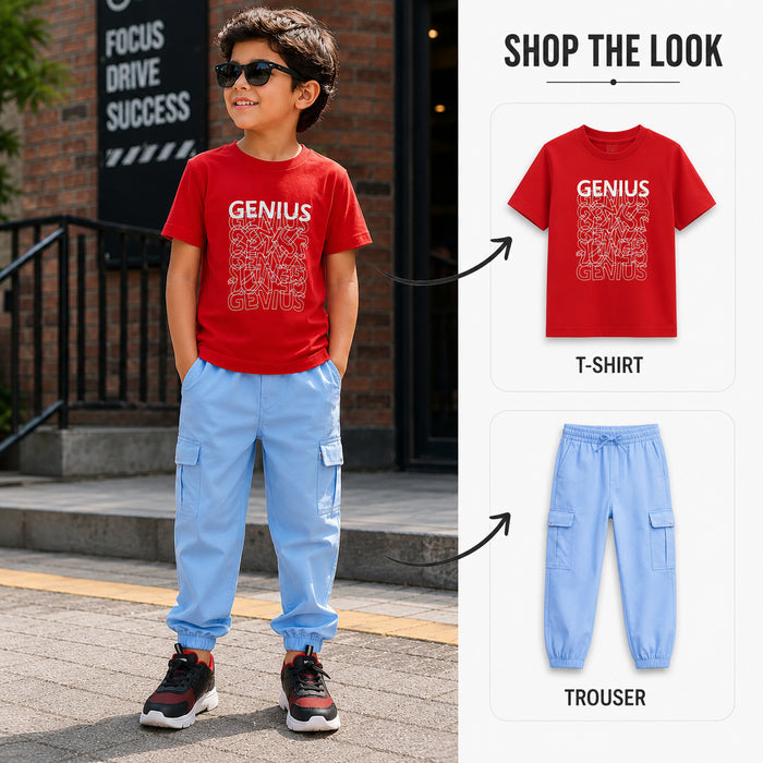 Kids Boys Combo | Red Graphic Tshirt, Navy Blue Cargo Trousers