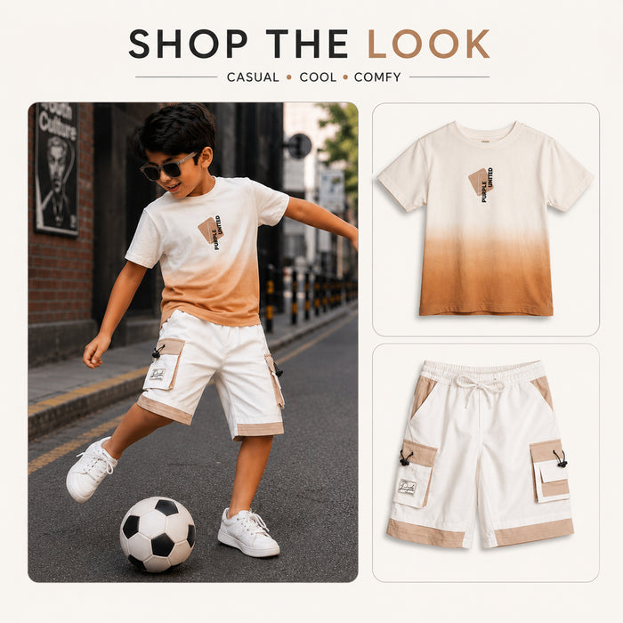 Kids Boys Combo Set with Beige Ombre Soft Fabric Tshirt & White Utility Cargo Bermuda