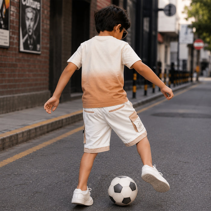 Kids Boys Combo Set with Beige Ombre Soft Fabric Tshirt & White Utility Cargo Bermuda