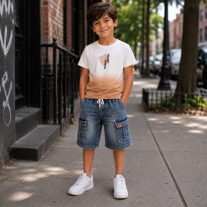 Kids Boys Combo Set with Beige Ombre Tshirt & Blue Denim Relaxed Fit Cargo Bermuda