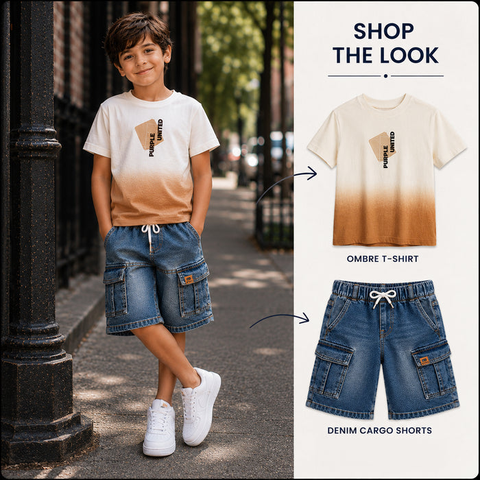 Kids Boys Combo Set with Beige Ombre Tshirt & Blue Denim Relaxed Fit Cargo Bermuda