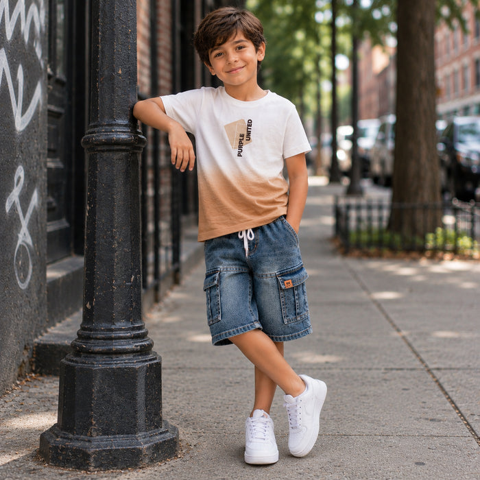 Kids Boys Combo Set with Beige Ombre Tshirt & Blue Denim Relaxed Fit Cargo Bermuda