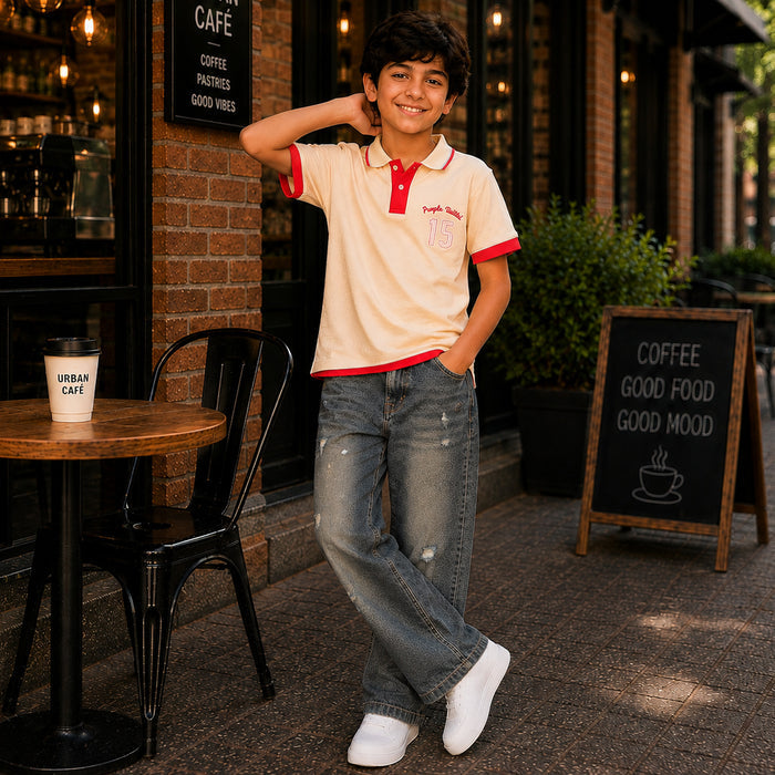 Kids Boys Combo Set with Beige Polo Tshirt & Blue Distressed Jeans for Smart Casual Style