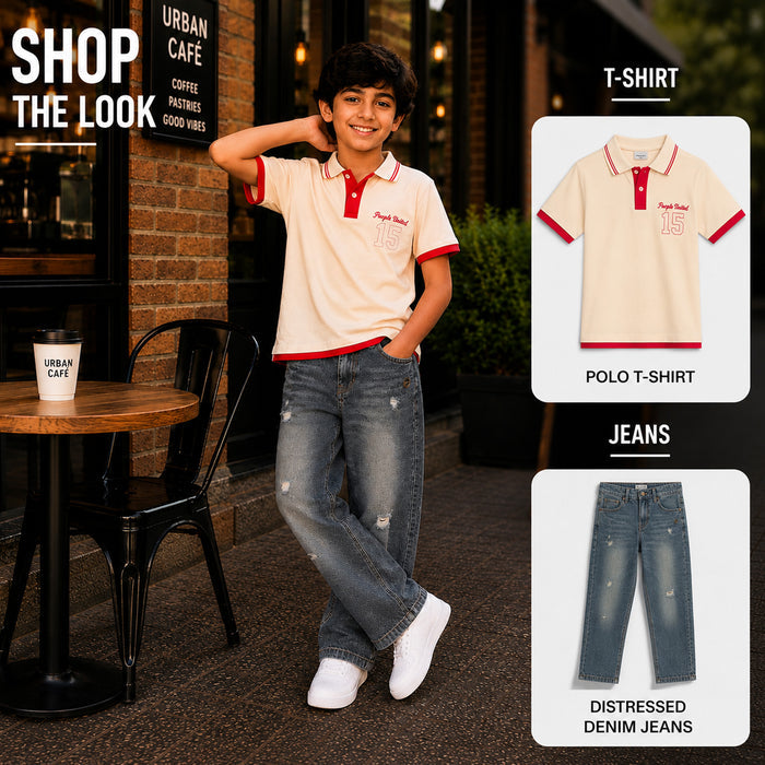 Kids Boys Combo Set with Beige Polo Tshirt & Blue Distressed Jeans for Smart Casual Style
