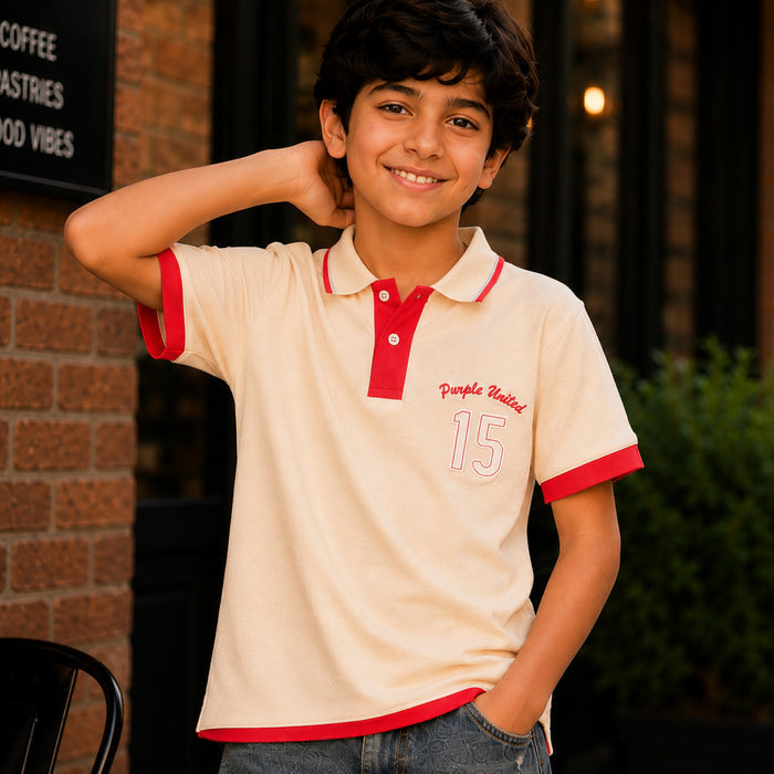 Kids Boys Combo Set with Beige Polo Tshirt & Blue Distressed Jeans for Smart Casual Style