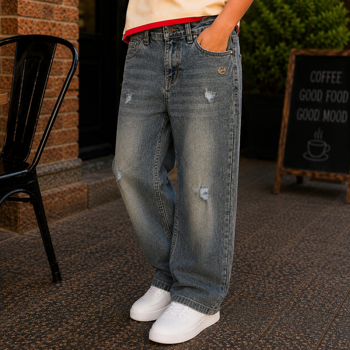 Kids Boys Combo Set with Beige Polo Tshirt & Blue Distressed Jeans for Smart Casual Style