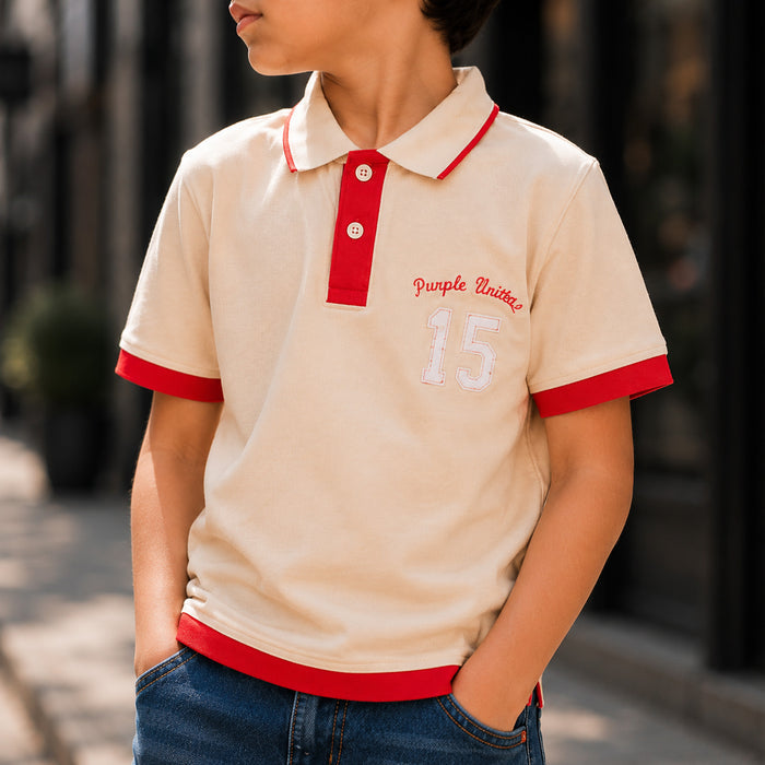 Kids Boys Combo Set with Beige Soft Fabric Polo Tshirt & Denim Jeans