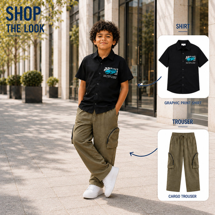 Kids Boys Combo Set with Black Casual Shirt & Olive Utility Cargo Trouser