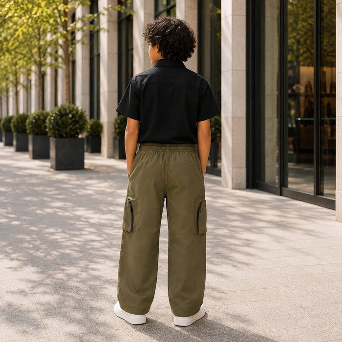 Kids Boys Combo Set with Black Casual Shirt & Olive Utility Cargo Trouser