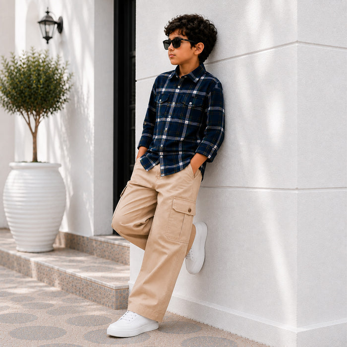 Kids Boys Combo Set with Blue Warm Checked Shirt & Beige Cargo Trousers for Modern Casual Looks