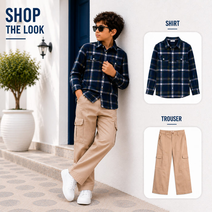 Kids Boys Combo Set with Blue Warm Checked Shirt & Beige Cargo Trousers for Modern Casual Looks