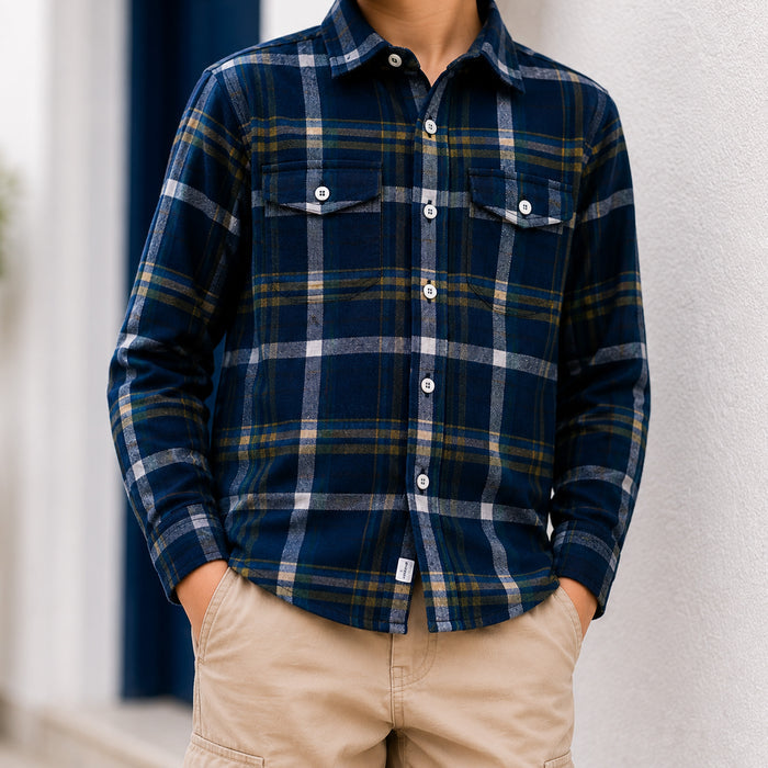 Kids Boys Combo Set with Blue Warm Checked Shirt & Beige Cargo Trousers for Modern Casual Looks