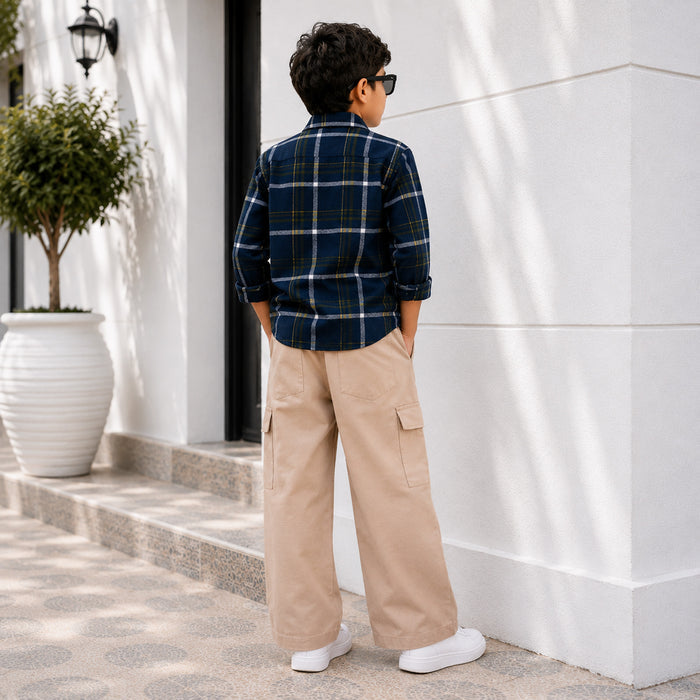 Kids Boys Combo Set with Blue Warm Checked Shirt & Beige Cargo Trousers for Modern Casual Looks