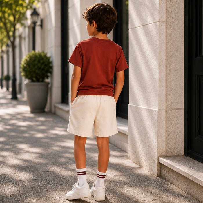 Kids Boys Combo Set with Brown Casual Wear Tshirt & White Printed Drawstring Shorts
