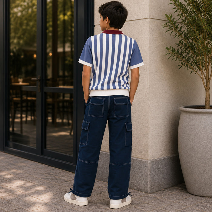 Kids Boys Combo Set with Dark Blue Striped Polo Tshirt & Navy Blue Utility Casual Trousers
