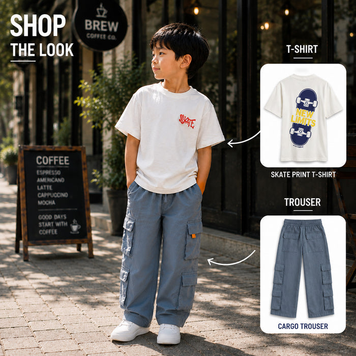 Kids Boys Combo Set with Graphic Tshirt & Navy Blue Utility Cargo Trouser
