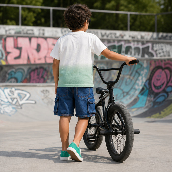 Kids Boys Combo Set with Green Ombre Casual Tshirt, Denim Cargo Shorts & Green Canvas Shoes