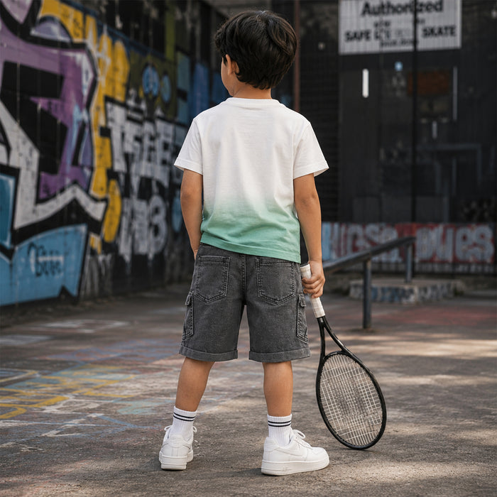 Kids Boys Combo Set with Green Ombre Soft Fabric Tshirt & Grey Utility Cargo Bermuda