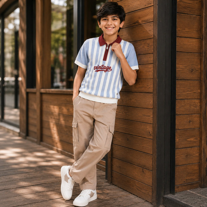 Kids Boys Combo Set with Light Blue Striped Polo Tshirt & Beige Utility Casual Trousers