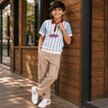 Kids Boys Combo Set with Light Blue Striped Polo Tshirt & Beige Utility Casual Trousers