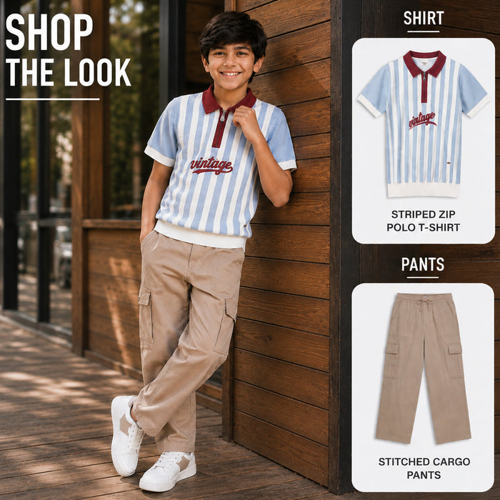 Kids Boys Combo Set with Light Blue Striped Polo Tshirt & Beige Utility Casual Trousers