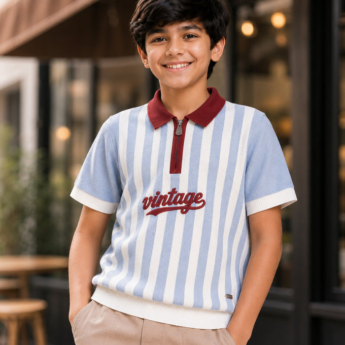 Kids Boys Combo Set with Light Blue Striped Polo Tshirt & Beige Utility Casual Trousers