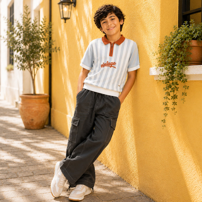 Kids Boys Combo Set with Light Blue Striped Polo Tshirt & Grey Relaxed Straight Fit Trousers