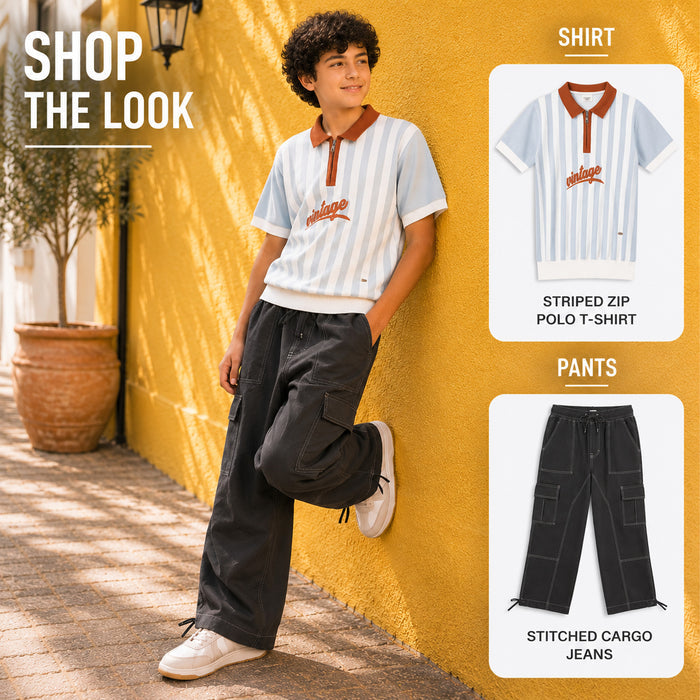 Kids Boys Combo Set with Light Blue Striped Polo Tshirt & Grey Relaxed Straight Fit Trousers