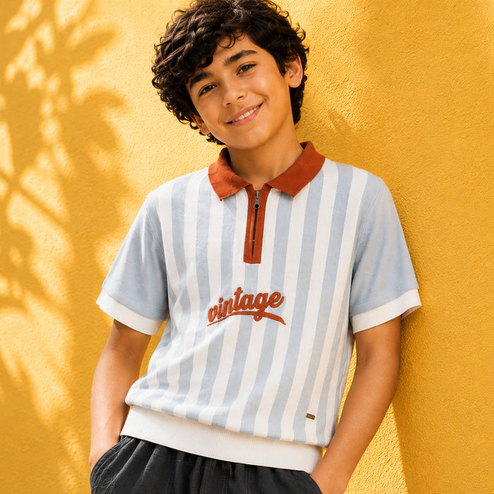 Kids Boys Combo Set with Light Blue Striped Polo Tshirt & Grey Relaxed Straight Fit Trousers