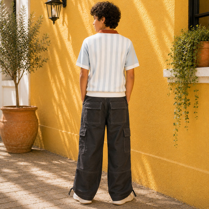 Kids Boys Combo Set with Light Blue Striped Polo Tshirt & Grey Relaxed Straight Fit Trousers