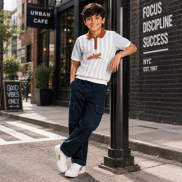 Kids Boys Combo Set with Light Blue Striped Polo Tshirt & Navy Blue Utility Casual Trousers