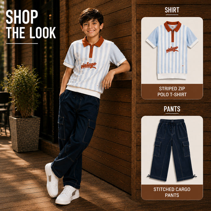 Kids Boys Combo Set with Light Blue Striped Polo Tshirt & Navy Blue Utility Casual Trousers