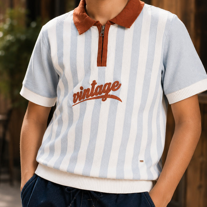 Kids Boys Combo Set with Light Blue Striped Polo Tshirt & Navy Blue Utility Casual Trousers