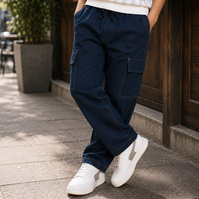 Kids Boys Combo Set with Light Blue Striped Polo Tshirt & Navy Blue Utility Casual Trousers
