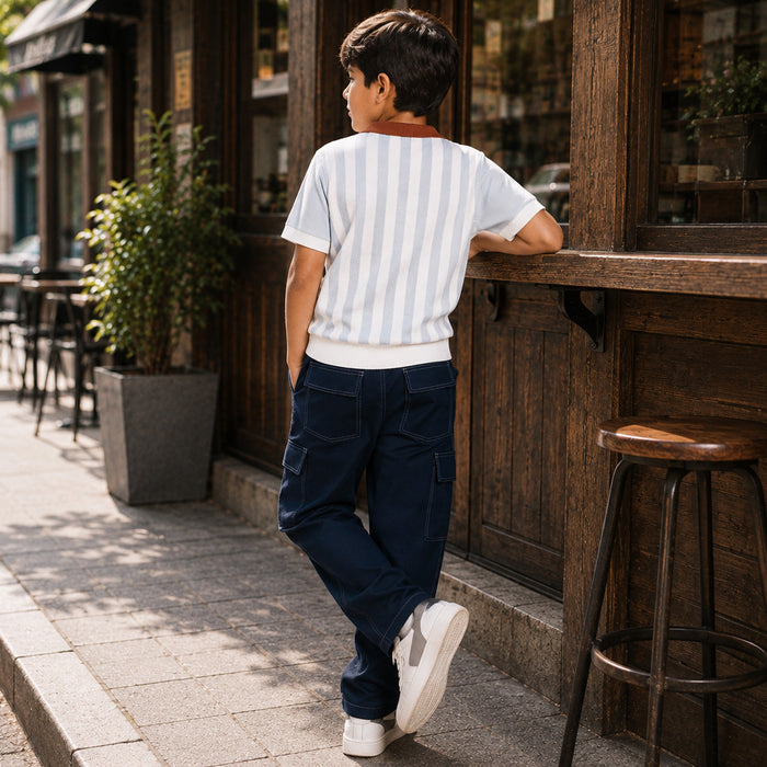 Kids Boys Combo Set with Light Blue Striped Polo Tshirt & Navy Blue Utility Casual Trousers