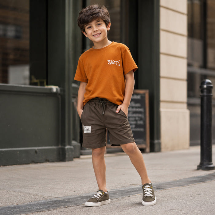 Kids Boys Combo Set with Mustard Active Play Tshirt, Brown Shorts & Olive Canvas Shoes